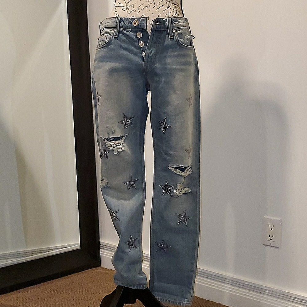 Hudson distressed embellished relaxed straight jeans, size 25